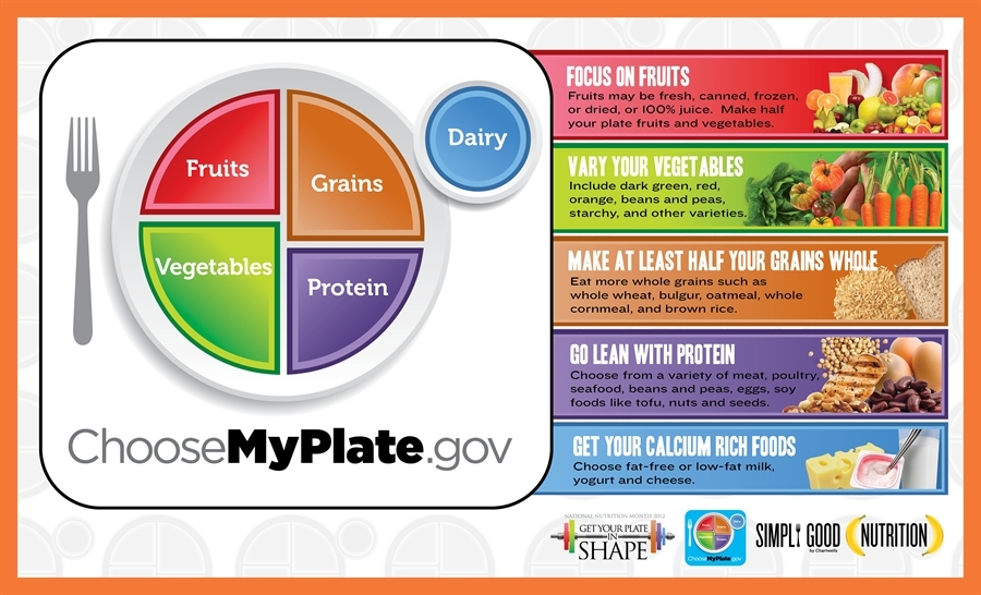Image shows how half of your plate should contain fruits and vegetables, with the other half being whole grains and lean protein.  Also need dairy with the meal in the form of milk, yogurt or cheese.